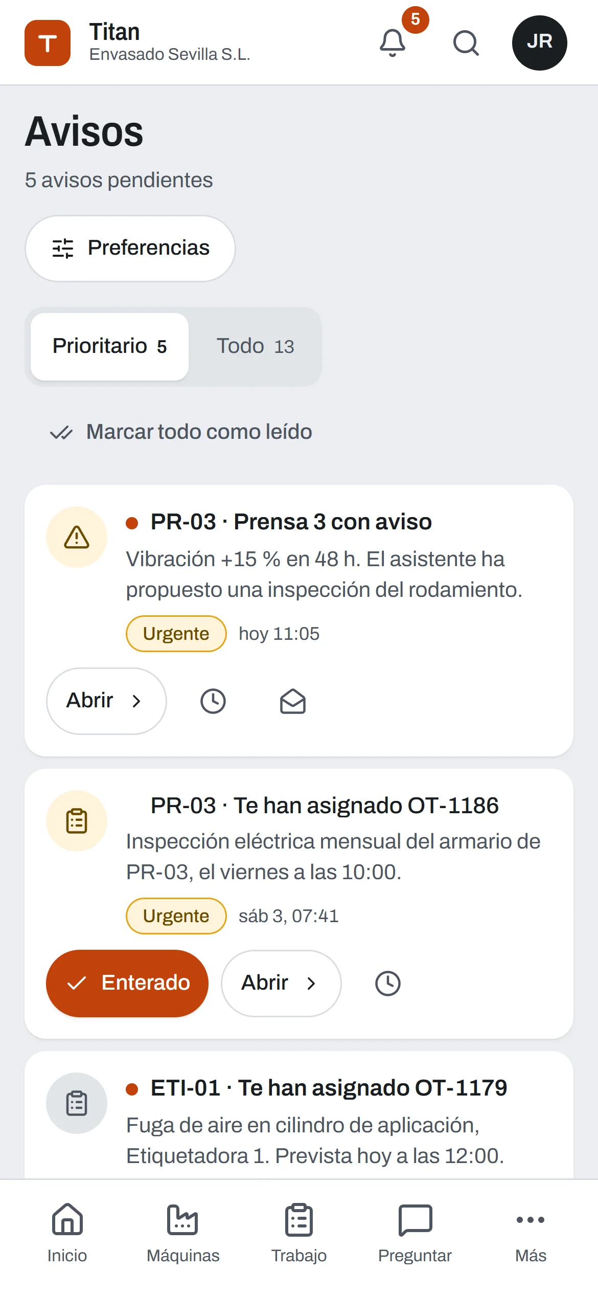 Avisos en el móvil del técnico