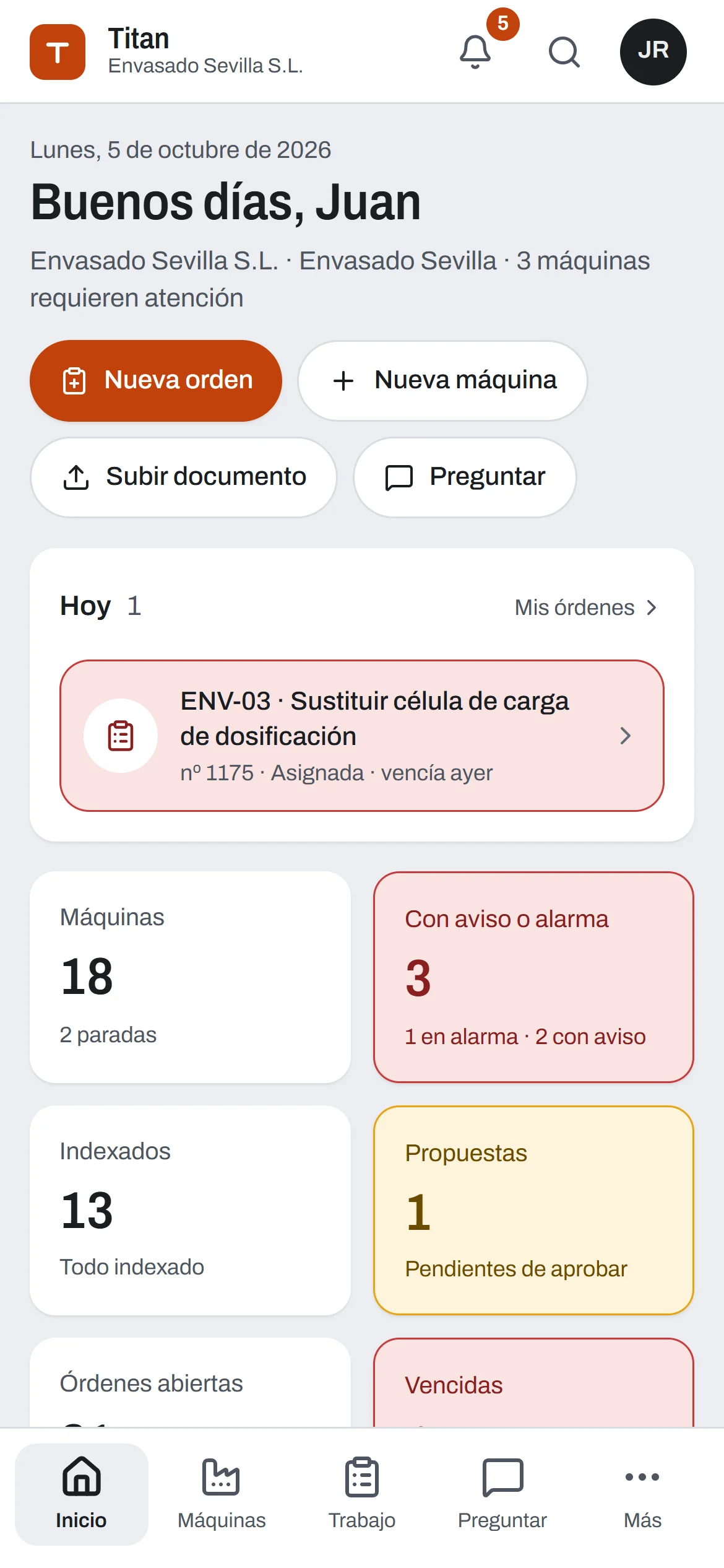 Inicio de Titan en el móvil de un técnico