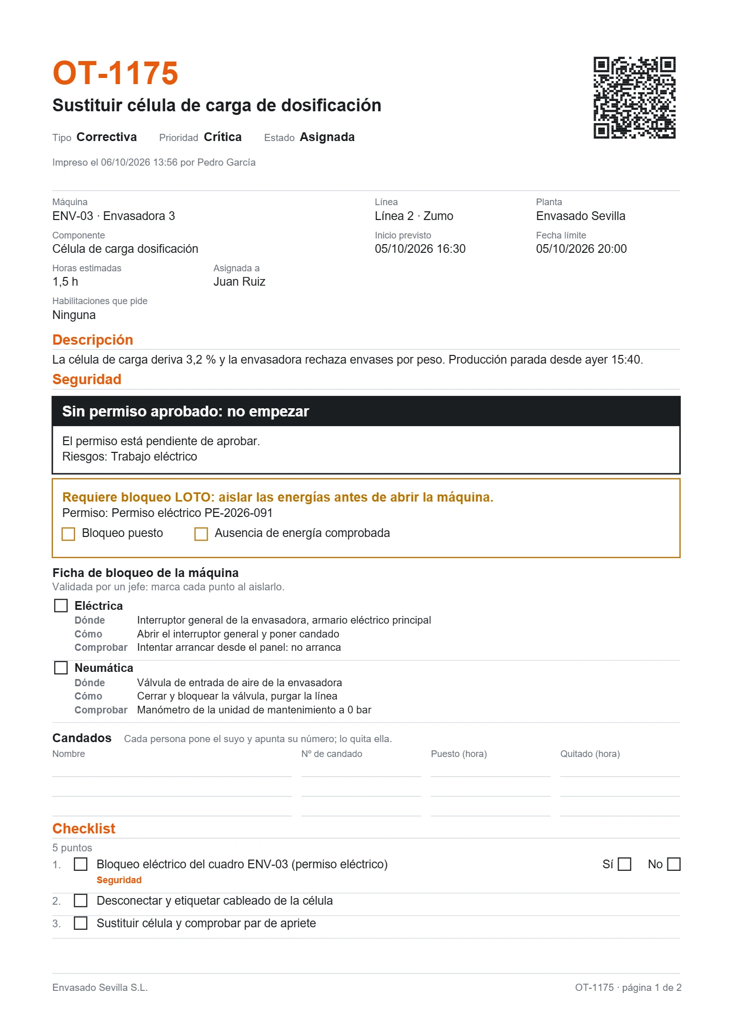 La OT-1175 impresa en A4: datos, permiso de trabajo, ficha de bloqueo, candados, checklist y QR