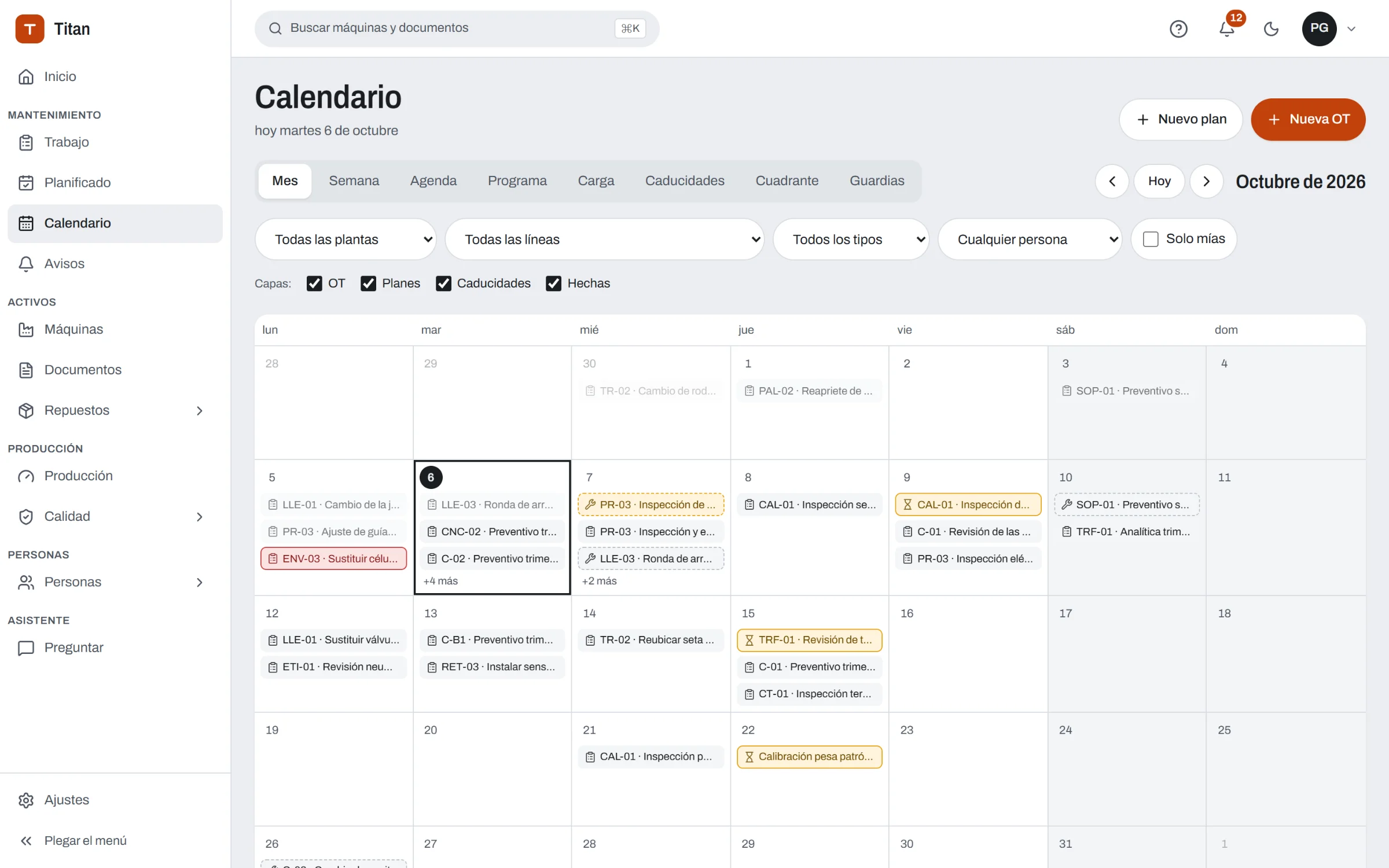 Calendario de mantenimiento del mes