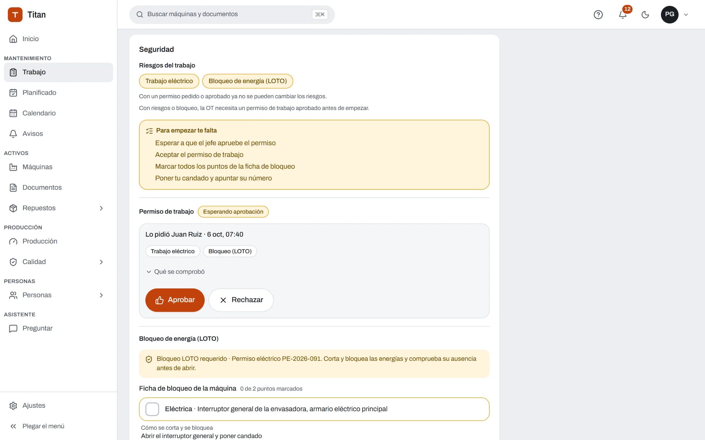 OT con sus riesgos, permiso de trabajo y bloqueo de energía